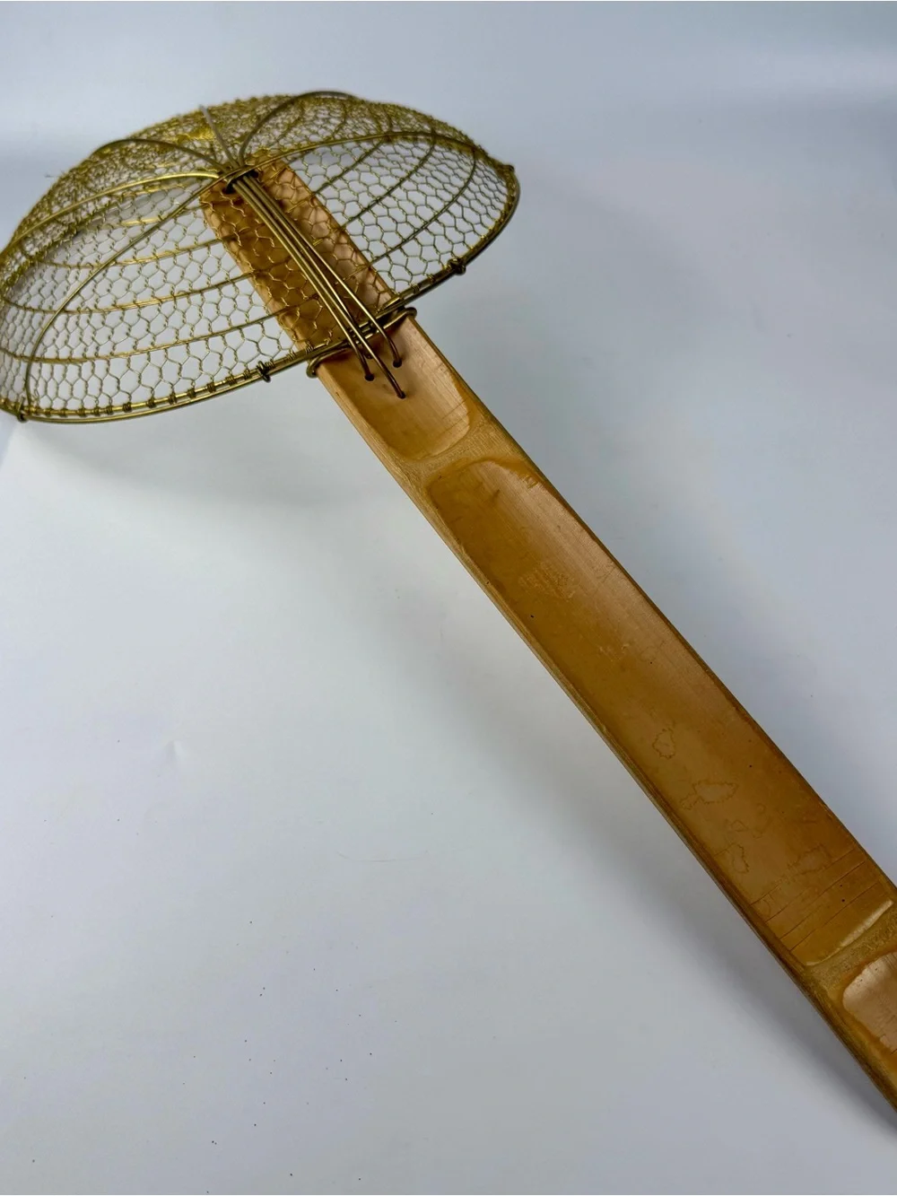 Large 12 Inch Handmade BRASS Mesh Strainer/Spider Skimmer 19” Bamboo Handle